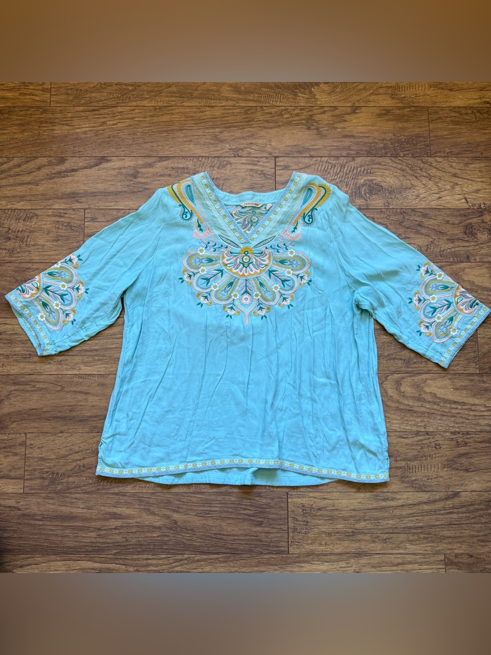 Soft Surroundings Embroidered Boho Tunic Top 2X Aqua Viscose Blouse